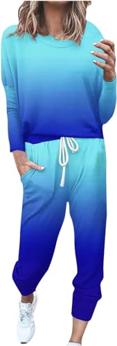 shownicer Damen Jogginganzug Zweiteiler Outfit 2 Teilig Freizeitanzug 2 Stück Trainingsanzug Sportanzug Set Colorblock Sweatshirt + Jogginghose Sportswear Sportbekleidung Tracksuit C Blau M von shownicer