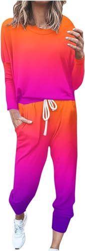 shownicer Damen Jogginganzug Zweiteiler Outfit 2 Teilig Freizeitanzug 2 Stück Trainingsanzug Sportanzug Set Colorblock Sweatshirt + Jogginghose Sportswear Sportbekleidung Tracksuit C Orange 3XL von shownicer