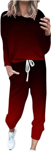 shownicer Damen Jogginganzug Zweiteiler Outfit 2 Teilig Freizeitanzug 2 Stück Trainingsanzug Sportanzug Set Colorblock Sweatshirt + Jogginghose Sportswear Sportbekleidung Tracksuit C Rot L von shownicer