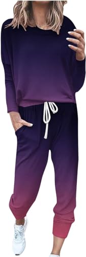 shownicer Damen Jogginganzug Zweiteiler Outfit 2 Teilig Freizeitanzug 2 Stück Trainingsanzug Sportanzug Set Colorblock Sweatshirt + Jogginghose Sportswear Sportbekleidung Tracksuit C Violett 3XL von shownicer