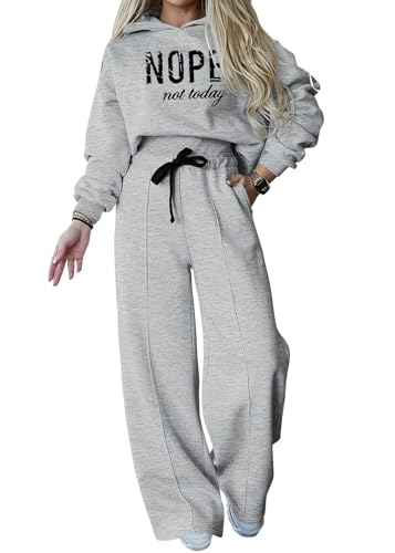 shownicer Damen Jogginganzug Zweiteiler Outfit 2 Teilig Freizeitanzug Kapuzenpullover Hoodie Trainingsanzug Sportanzug Set Sweatshirt + Lange Hose Sportswear Damenanzug C Hellgrau XS von shownicer