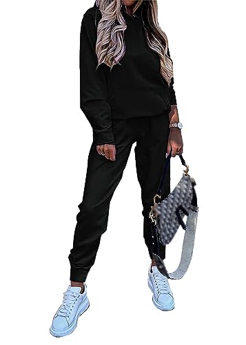 shownicer Damen Jogginganzug Zweiteiler Outfit 2 Teilig Freizeitanzug Kapuzenpullover Hoodie Trainingsanzug Sportanzug Set Sweatshirt + Lange Hose Sportswear Sportbekleidung Tracksuit B Schwarz L von shownicer