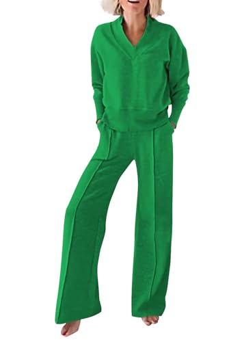 shownicer Damen Jogginganzug Zweiteiler Outfit 2 Teilig Freizeitanzug Sweatshirt Trainingsanzug Sportanzug Set Sweatshirt und Lange Hose Sportswear Damenanzug A Grün L von shownicer