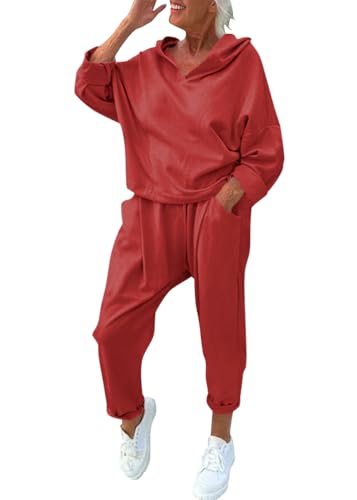 shownicer Damen Jogginganzug Zweiteiler Sportanzug Kapuzenpullover Hoodie Traingsanzug Set 2 Teilig Freizeitanzug Sweatshirt und Lange Hose Sportswear Damenanzug A Rot M von shownicer