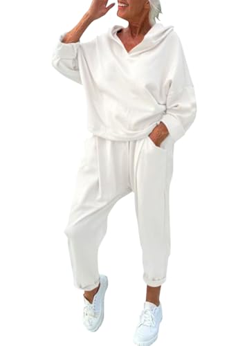 shownicer Damen Jogginganzug Zweiteiler Sportanzug Kapuzenpullover Hoodie Traingsanzug Set 2 Teilig Freizeitanzug Sweatshirt und Lange Hose Sportswear Damenanzug A Weiß M von shownicer