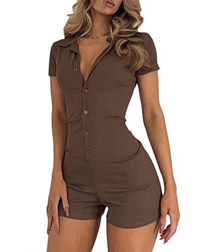 shownicer Damen Jumpsuit Bodysuit Sexy Sommer Overall Kurz Einteiler Hosenanzug Sport Playsuit Dehnbarer Pyjama Onesie 90er E-Girl Y2K Style Bodycon Shorts B Braun M von shownicer