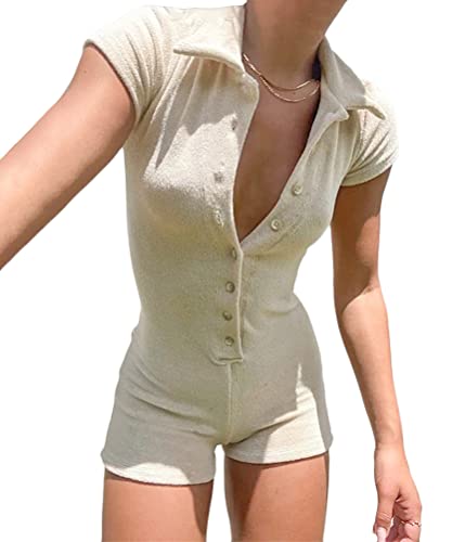 shownicer Damen Jumpsuit Bodysuit Sexy Sommer Overall Kurz Einteiler Hosenanzug Sport Playsuit Dehnbarer Pyjama Onesie 90er E-Girl Y2K Style Bodycon Shorts E Beige S von shownicer