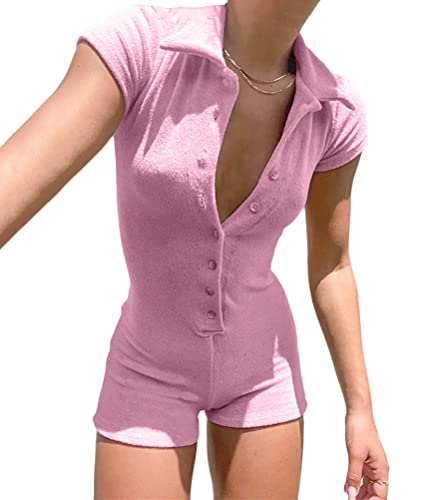 shownicer Damen Jumpsuit Bodysuit Sexy Sommer Overall Kurz Einteiler Hosenanzug Sport Playsuit Dehnbarer Pyjama Onesie 90er E-Girl Y2K Style Bodycon Shorts E Rosa M von shownicer