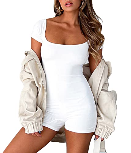 shownicer Damen Jumpsuit Bodysuit Sexy Sommer Overall Kurz Einteiler Hosenanzug Sport Playsuit Dehnbarer Pyjama Onesie 90er E-Girl Y2K Style Bodycon Shorts G Weiß XS von shownicer