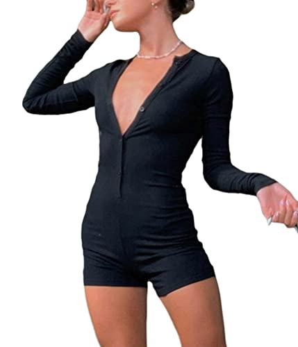 shownicer Damen Jumpsuit Bodysuit Sexy Sommer Overall Kurz Einteiler Hosenanzug Sport Playsuit Dehnbarer Pyjama Onesie 90er E-Girl Y2K Style Bodycon Shorts H Schwarz M von shownicer