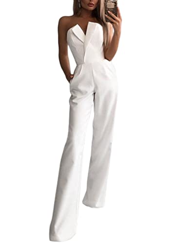 shownicer Damen Jumpsuit Elegant Ärmellos Hohe Taille Cocktail Party Festlich Overalls Hosenanzug Playsuit Lang Romper für Hochzeit C Weiß XL von shownicer