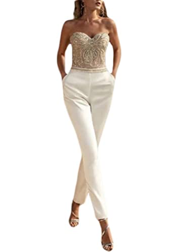 shownicer Damen Jumpsuit Elegant Ärmellos Hohe Taille Cocktail Party Festlich Overalls Hosenanzug Playsuit Lang Romper für Hochzeit F Weiß XL von shownicer