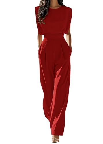 shownicer Damen Jumpsuit Elegant Ärmellos Rundhal Overall Hohe Taille Romper Casual Playsuit A Rot M von shownicer