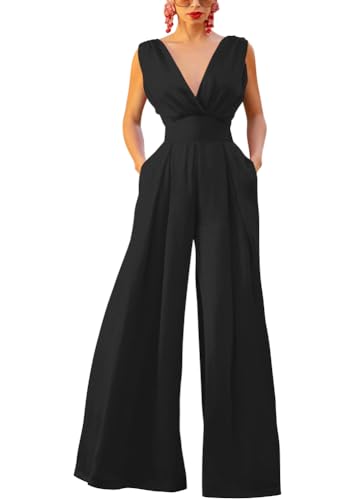 shownicer Damen Jumpsuit Elegant Sommer Ärmellos V-Ausschnitt Overall Weites Bein Romper Festlich Jumpsuit Lang Einteiler Hosenanzug Playsuit A Schwarz L von shownicer
