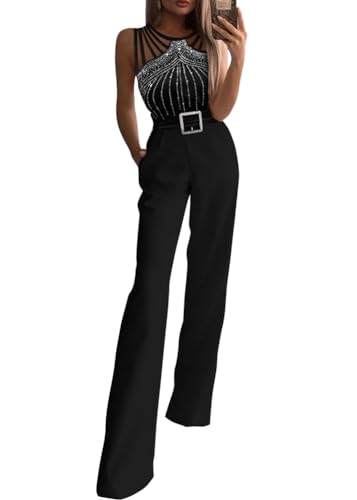 shownicer Damen Jumpsuit Elegant Sommer Ärmellos V-Ausschnitt Overall Weites Bein Romper Mit Taschen A Schwarz L von shownicer