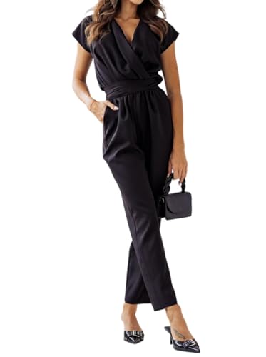 shownicer Damen Jumpsuit Elegant V-Ausschnitt Kurzarm Overall Hosenanzug Party Hochzeit Festlich Playsuit Romper mit Gürtel Taschen C Schwarz L von shownicer