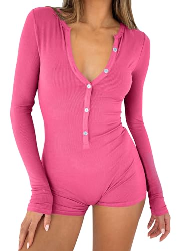 shownicer Damen Jumpsuit Kurz Einteiler Bodysuit V-Ausschnitt Langarm Gerippter Pyjama Playsuit Strampler Stretch Bodycon Short Jumpsuit Overall Yoga Fitness Outfit A Rosa S von shownicer