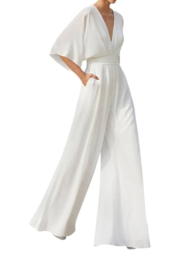 shownicer Damen Jumpsuit Lang Kurzarm Overall Hosenanzug Elegant V-Ausschnitt Weites Bein Playsuit Party Festlich Hochzeit Romper A Weiß XL von shownicer