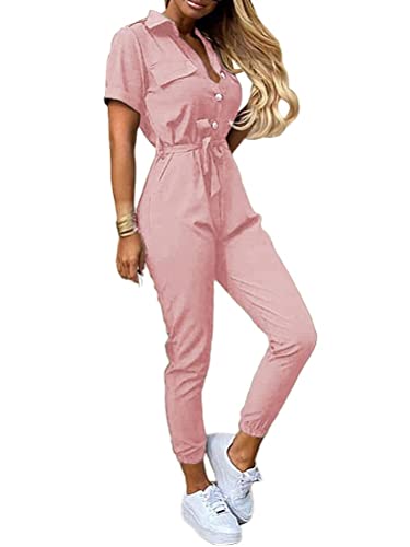 shownicer Damen Jumpsuit Lang Sommer V Ausschnitt Overall Kurzarm Einteiler Elegant Hosenanzug Playsuit Jogginganzug Romper mit Gürtel Strampler Spielanzug B Rosa L von shownicer