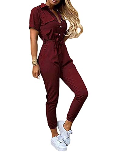 shownicer Damen Jumpsuit Lang Sommer V Ausschnitt Overall Kurzarm Einteiler Elegant Hosenanzug Playsuit Jogginganzug Romper mit Gürtel Strampler Spielanzug B Weinrot M von shownicer