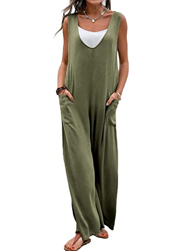 shownicer Damen Jumpsuit Sommer Ärmellos Jumpsuit Latzhose Loose Fit Baggy Jumpsuit Lang Overall Einteiler Oversize Boho Strampler Wide Leg Playsuit mit Taschen A Grün M von shownicer