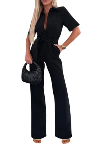shownicer Damen Jumpsuit Sommer Elegant Einfarbiger Gürtel Lässigen Lang Jumpsuit Overall Hosenanzug Playsuit Romper A Schwarz XL von shownicer