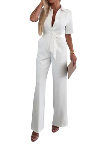 shownicer Damen Jumpsuit Sommer Elegant Einfarbiger Gürtel Lässigen Lang Jumpsuit Overall Hosenanzug Playsuit Romper A Weiß L von shownicer