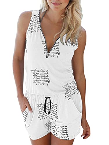 shownicer Damen Jumpsuit Sommer Kurz Overall Reißverschluss Shorts Streifen Playsuits Ärmellos V-Ausschnitt Romper Shorts Strand Spielanzug mit Taschen C Weiß M von shownicer