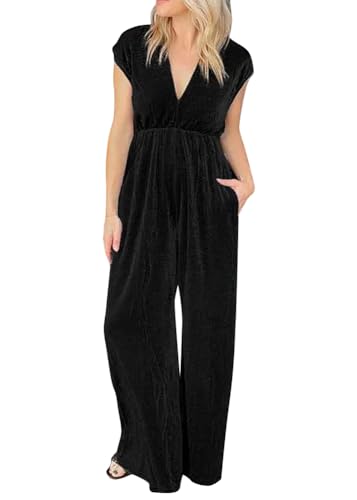 shownicer Damen Jumpsuit Sommer Lang Weites Bein Elegant Overall Backless Frauen Hosenanzug Spielanzug Weites Bein Romper mit Taschen A Schwarz 3XL von shownicer