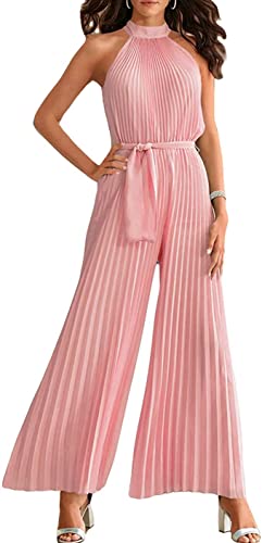 shownicer Damen Jumpsuit Sommer Overall Sexy Gestreiften Hosenanzug Ärmellos Playsuit Breites Bein Romper A Rosa M von shownicer