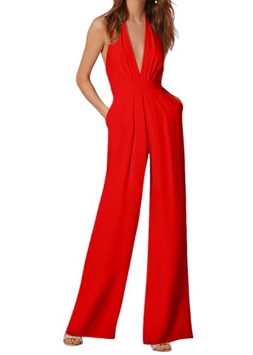 shownicer Damen Jumpsuit Sommer V-Ausschnitt Ärmellos Overall Weites Bein Festlich Hochzeit Playsuit Romper A Rot L von shownicer