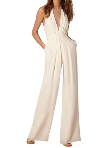 shownicer Damen Jumpsuit Sommer V-Ausschnitt Ärmellos Overall Weites Bein Festlich Hochzeit Playsuit Romper A Weiß XXL von shownicer