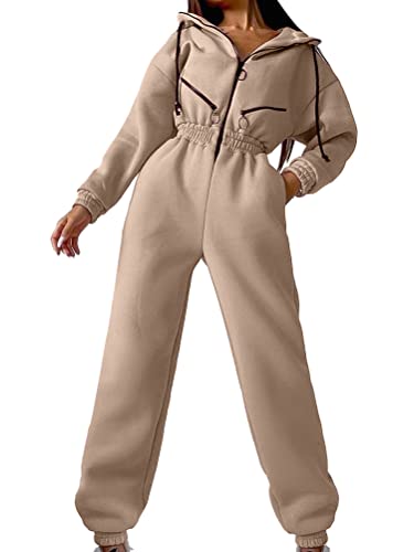 shownicer Damen Jumpsuits Overall mit Kapuze Onesie Jogging Anzug Trainingsanzug Elegant Lang Jumpsuit Einfarbig Hosenanzug Playsuit Romper mit Reißverschluss A Aprikose S von shownicer