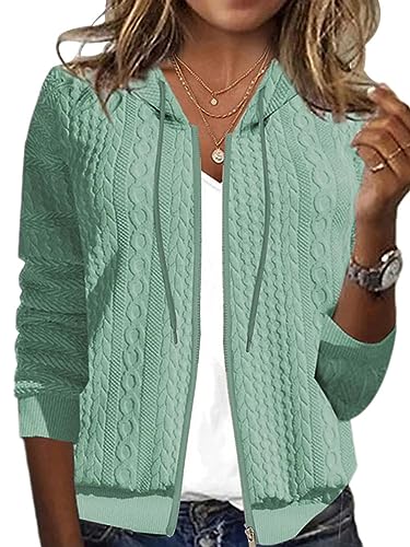 shownicer Damen Kapuzenjacke Kapuzenpullover Vintage Oversize Sweatjacke Sweatshirt College Stricken Jacke Übergangsjacke Zip Waffelmuster Hoodie Strick mit Kapuze A Grün XXL von shownicer