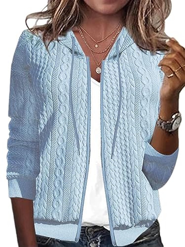 shownicer Damen Kapuzenjacke Kapuzenpullover Vintage Oversize Sweatjacke Sweatshirt College Stricken Jacke Übergangsjacke Zip Waffelmuster Hoodie Strick mit Kapuze A Hellblau XXL von shownicer