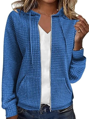 shownicer Damen Kapuzenjacke Kapuzenpullover Vintage Oversize Sweatjacke Sweatshirt College Stricken Jacke Übergangsjacke Zip Waffelmuster Hoodie Strick mit Kapuze C Blau XXL von shownicer