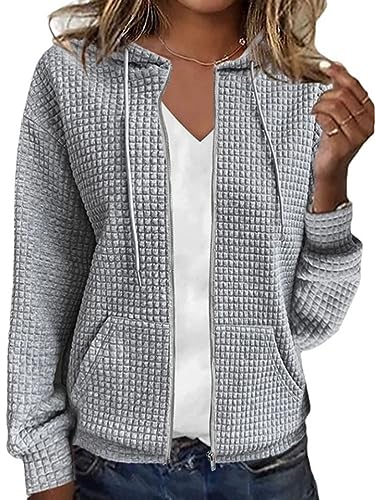 shownicer Damen Kapuzenjacke Kapuzenpullover Vintage Oversize Sweatjacke Sweatshirt College Stricken Jacke Übergangsjacke Zip Waffelmuster Hoodie Strick mit Kapuze C Grau XXL von shownicer