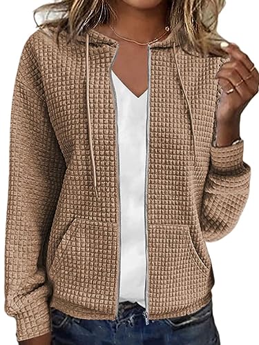 shownicer Damen Kapuzenjacke Kapuzenpullover Vintage Oversize Sweatjacke Sweatshirt College Stricken Jacke Übergangsjacke Zip Waffelmuster Hoodie Strick mit Kapuze C Khaki S von shownicer