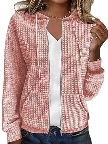 shownicer Damen Kapuzenjacke Kapuzenpullover Vintage Oversize Sweatjacke Sweatshirt College Stricken Jacke Übergangsjacke Zip Waffelmuster Hoodie Strick mit Kapuze C Rosa XL von shownicer