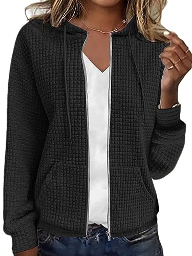 shownicer Damen Kapuzenjacke Kapuzenpullover Vintage Oversize Sweatjacke Sweatshirt College Stricken Jacke Übergangsjacke Zip Waffelmuster Hoodie Strick mit Kapuze C Schwarz XXL von shownicer