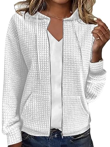 shownicer Damen Kapuzenjacke Kapuzenpullover Vintage Oversize Sweatjacke Sweatshirt College Stricken Jacke Übergangsjacke Zip Waffelmuster Hoodie Strick mit Kapuze C Weiß XXL von shownicer
