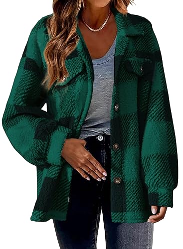 shownicer Damen Karierte Jacke Hemdjacke Langarm Oversized Hemdbluse Casual Karohemd Bluse Plüscha Mantel Tunik Boyfriend Jacken A Grün L von shownicer