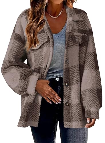 shownicer Damen Karierte Jacke Hemdjacke Langarm Oversized Hemdbluse Casual Karohemd Bluse Plüscha Mantel Tunik Boyfriend Jacken A Kaffee S von shownicer