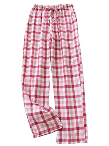 shownicer Damen Karierte Pyjamahose Loungehose Schlafanzughose Lang Stretch Weich Lounge Freizeithose Weite Bein Bequeme Haushose Schlafhose mit Taschen und Kordelzug E Rosa XS von shownicer