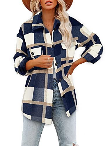 shownicer Damen Kariertes Hemd Knöpfen Langarm Mantel Hemdjacke Retro Karo Basic Jacke Boyfriend Jacke Mantel mit Karomuster Hemd Blau M von shownicer