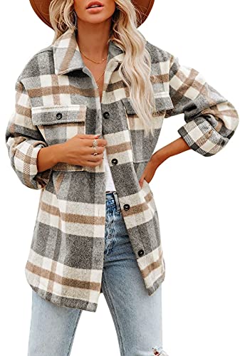 shownicer Damen Kariertes Hemd Knöpfen Langarm Mantel Hemdjacke Retro Karo Basic Jacke Boyfriend Jacke Mantel mit Karomuster Hemd Grau XS von shownicer