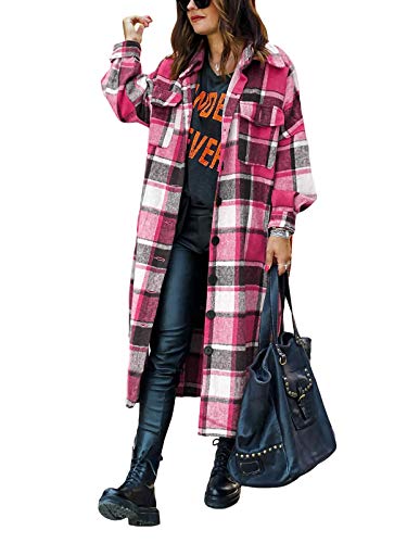 shownicer Damen Kariertes Taschen Knöpfen Langarm Oversize Bluse Mantel Lange Jacke Hemdjacke Holzfällerjacke Mode Boyfriend Jacken Z4 Rosa XL von shownicer