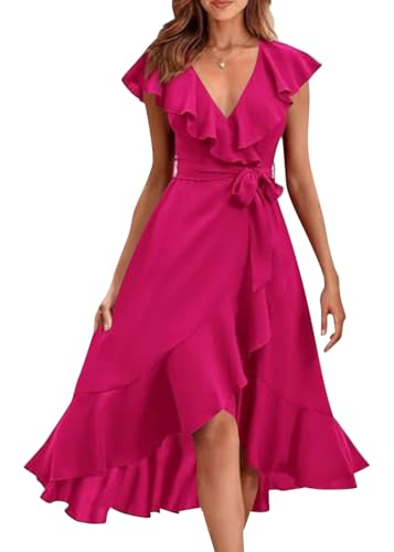 shownicer Damen Kleid Elegant Abendkleider Kurzarm V-Ausschnitt Sommerkleid Knielang A-Linie Kleid Cocktailkleid mit Rüschen Saum Ballkleid Einfarbige Wickelkleid A Rosa3 L von shownicer