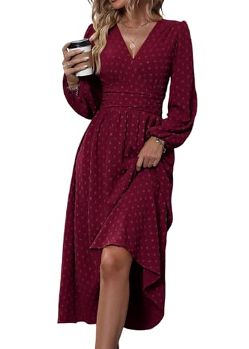 shownicer Damen Kleid Elegant Abendkleider Langarm V-Ausschnitt Freizeitkleid Maxi A-Linie Kleid Einfarbige Cocktailkleid Hohe Taille Herbstkleid Wickelkleid A Rot XXL von shownicer