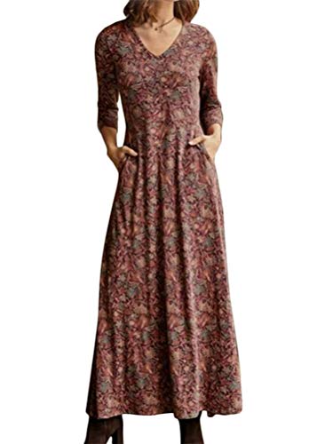 shownicer Damen Kleid Elegant V-Ausschnitt Langarm Blumen Kleider mit Taschen Lose Lässige Freizeit A-Linie Festliche Winter Party Ball Maxi Kleid Rot L von shownicer
